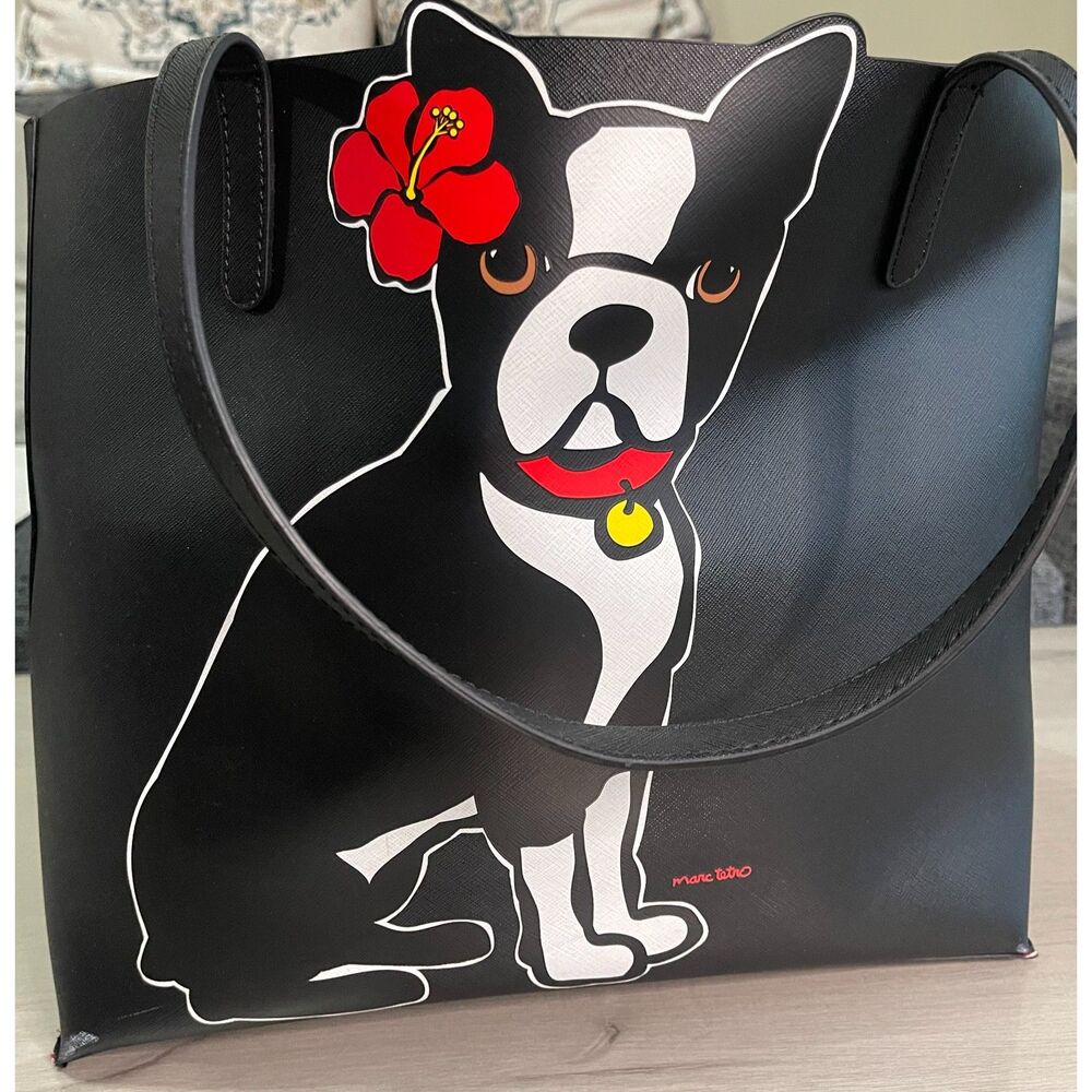 Rare Marc Tetro Hawaii Boston Terrier Tote Bag Black Red Hibiscus Dog Graphic